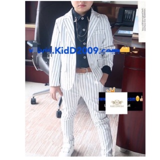 สูทเด็ก Boy suit สีขาวลายทาง ผ้ากึ่งสแปนเด็กซ์ ใส่สบาย เสื้อสูท+กางเกง เกาหลีสไตล์ ขนาด 7,9,11,13,15,17(ประมาณ 2-11 ปี)