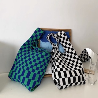 🏁🧃🛼🍌พร้อมส่ง🍋👛🧼🏁 Checkered Bag กระเป๋าลายตารางไหมพรม ผ้าหนาทรงสวย สุดฮิตสไตล์ญี่ปุ่น