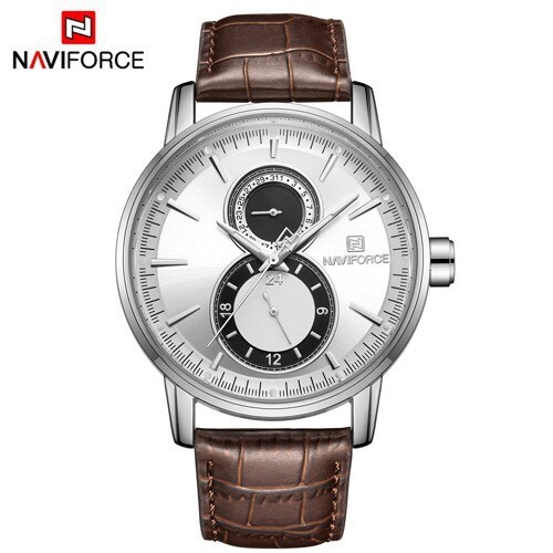 นาฬิกา นาฬิกา naviforce แท้ รุ่น NF3005 S/W/D.BN สีเงินขาว สายหนัง ของแท้ 100% รับประกัน 1ปี