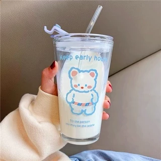 Creative Lifes Shop-แก้ว 💗แก้วน้ำน่ารัก/ถ้วยนมลายหมีน่ารัก 💗 ความจุ 450ml แถมหลอดและฝาปิด!