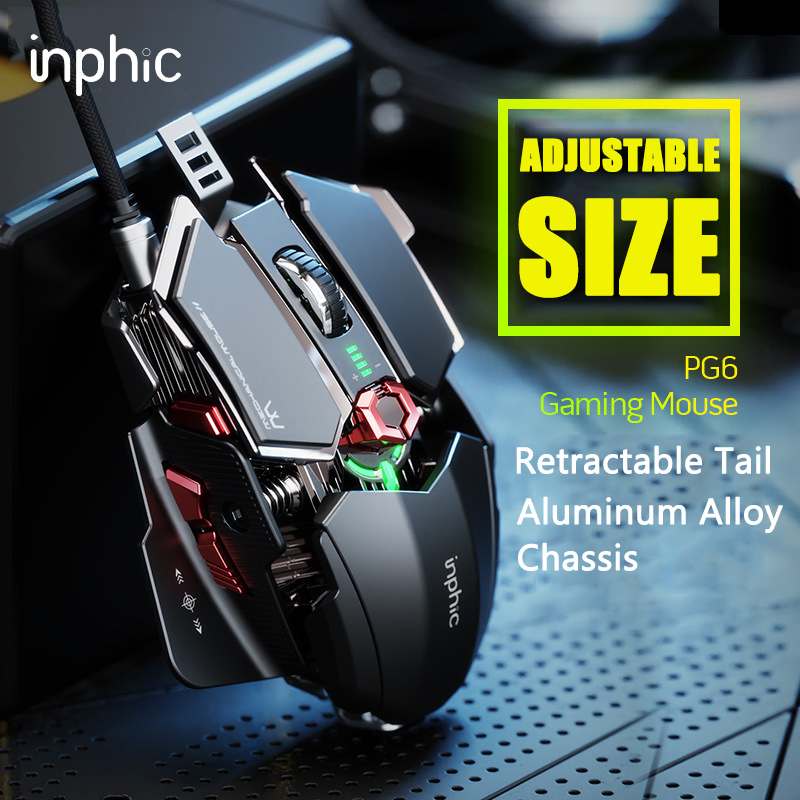 INPHIC PG6 เมาส์สำหรับเล่นเกมแบบมีสาย 7200DPI ปรับขนาดได้ Metal Mechanical Mouse Gaming สำหรับคอมพิว