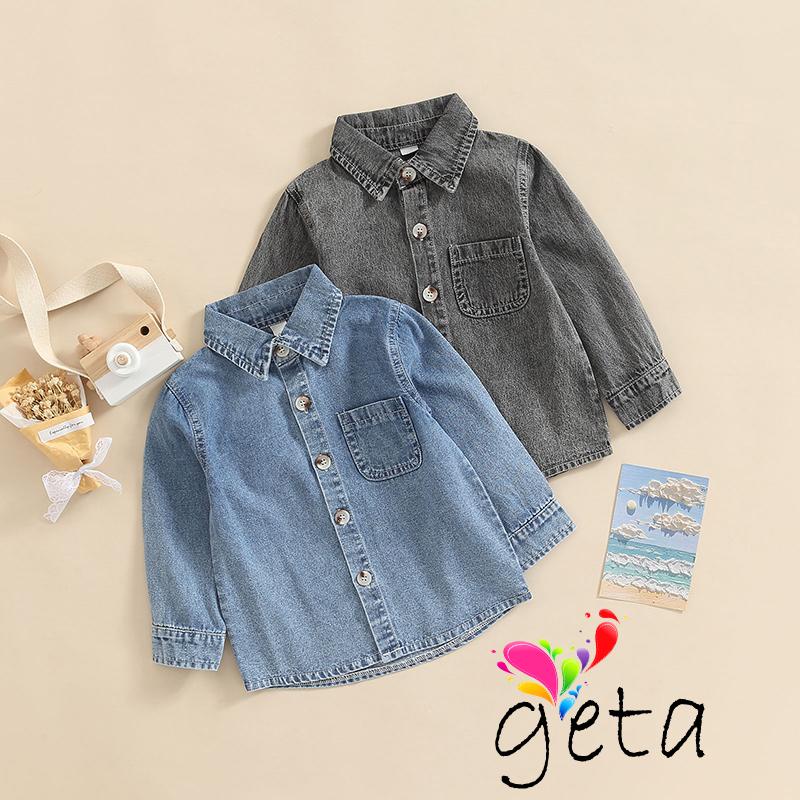 Geta-kid Boys Denim เสื้อแขนยาวปุ่มปิดกระเป๋าตกแต่ง Casual Streetwear