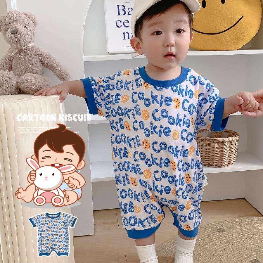 ชุดจั๊มสูทรอมเปอร์ แขนสั้น ผ้าฝ้าย ระบายอากาศ ทรงหลวม สไตล์เกาหลี แฟชั่นฤดูร้อน สําหรับเด็กทารกผู้ชาย