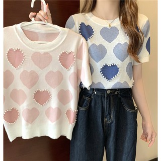 พร้อมส่ง เสื้อไหมพรม เสื้อยืด ลายหัวใจปักมุข สไตล์เกาหลี ไหมพรมคอเต่า แขนสั้น ผ้าไม่หนา