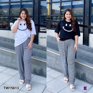 J15613 set 2 ชิ้น #Bigsize เสื้อยืดแขนสั้น + กางเกงลายริ้วขายาว Set of 2 pieces, short sleeve t-shirt + striped trousers