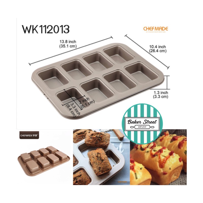 พิมพ์ CHEFMADE รหัส WK112013-1 พิมพ์สี่เหลี่ยมผืนผ้า 8 หลุม เคลือบเทฟลอนสีทอง