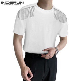 Incerun เสื้อยืดลําลอง คอกลม แขนสั้น ทรงหลวม ประดับพู่ แฟชั่นสําหรับผู้ชาย