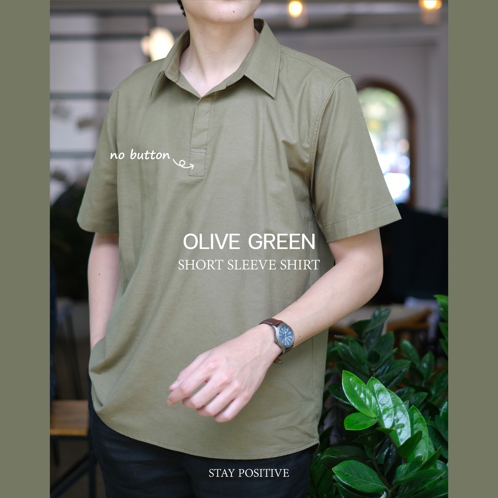 เสื้อเชิ้ตคอปกแบบสวม แขนสั้น SHORT SLEEVE SHIRT สีขี้ม้าอ่อน(Olive green)