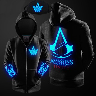 🤴เสื้อฮู้ดกันหนาวสีดำ ลายสัญลักษณ์ ASSASSINCREED UNITY (เรืองแสง) ฟรีผ้าปิดปาก⚔