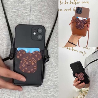 For iPhone 13mini 13Pro 13 13ProMax 12mini 12 12Pro 12ProMax SE 2020 5 5S 11 11Pro 11ProMax 6 6S 7 8 Plus X XS XR XSMax Phone Case Violent Bear Leather Card Pack Coin Purse With Lanyard TPU Soft Cover กรณีศึกษา