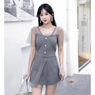 วันพีชกระโปรงกางเกง แต่งกระดุม แขนชีฟอง กระโปรงนอกชีฟอง