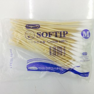 ไม้พันสำลี M บรรจุถุง 100 ก้าน Softip Cotton100%