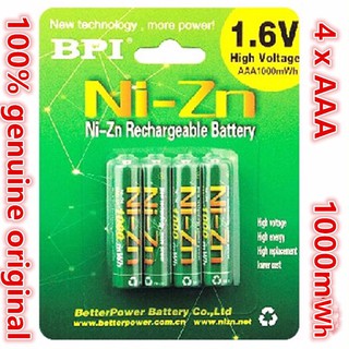 (แผง 4 ก้อน) BPI ถ่านชาร์จ Ni-Zn AAA 1000mAh 1.6V