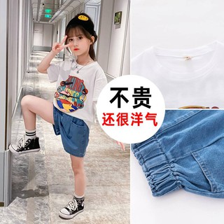 (พร้อมส่ง) เสื้อผ้าเด็กผู้หญิง เสื้อ+กางเกงขาสั้นยีนส์  น่ารักมาก