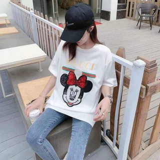 เสื้อยืดแฟชั่น เสื้อยืดผู้หญิง เสื้อคอกลม นำเข้าเนื้อผ้าคอตตอน งานปักมินนี้เม้าส์ 🤍🖤