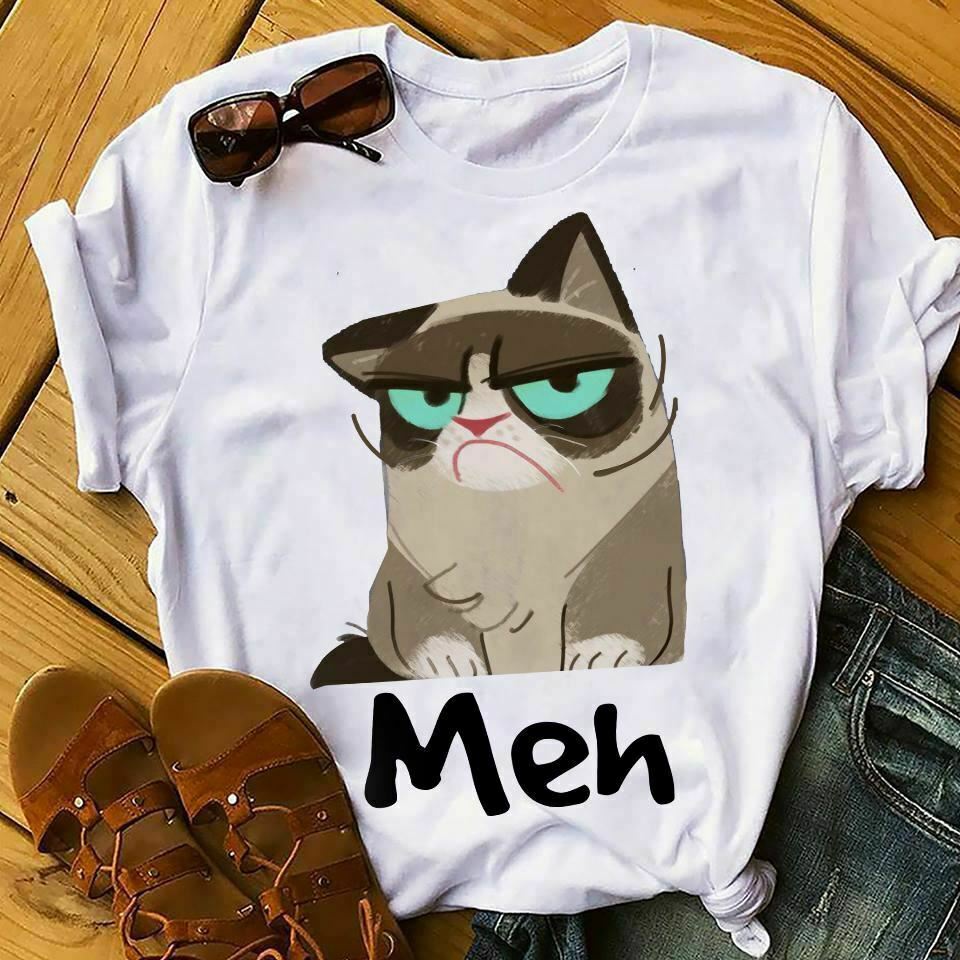 ชุดลําลองบุรุษ Meh Grumpy Cat เสื้อยืด Amine น่ารัก