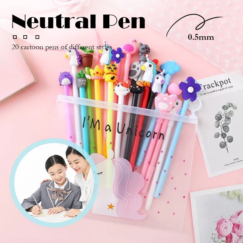 ปากกาเจล การ์ตูน แฟนซี ลายน่ารัก 20 แท่ง/เซต แถมกระเป๋าดินสอ 1 ใบ ปากกาหัวการ์ตูน ปากกาหัวแฟนซี ขนาด0.5mmงานหมึกราบรื่น