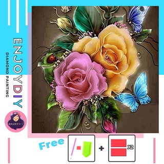 ครอสติสคริสตัล 5d diy diamond painting แบบเม็ด ลาย กุหลาบผีเสื้อ ติดเต็ม เม็ดกลม พร้อมส่งในไทย Enjoy DIY