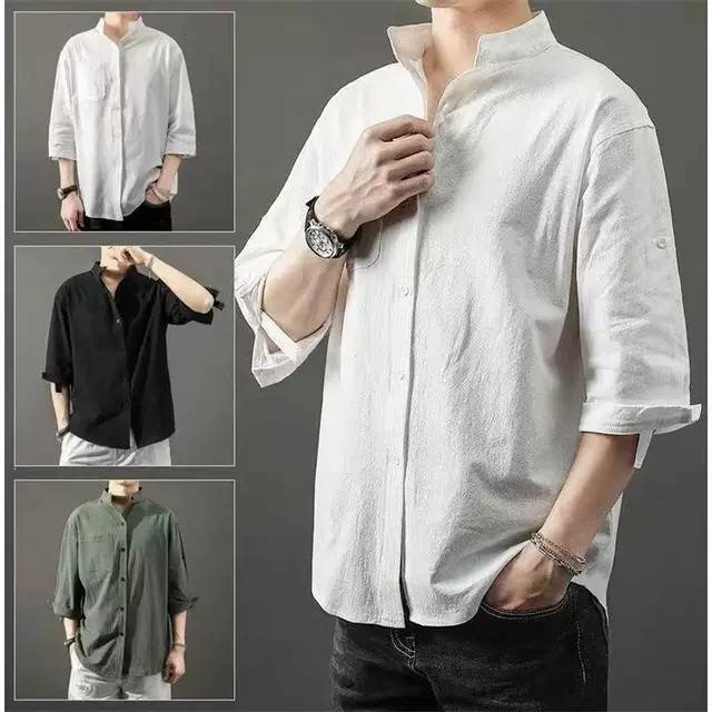 เสื้อเชิ้ตคอจีน แขน3ส่วน SMT002 สไต์ฮ่องกง แฟชั่นสำหรับผู้ชาย สวมใส่สบาย M-3XL