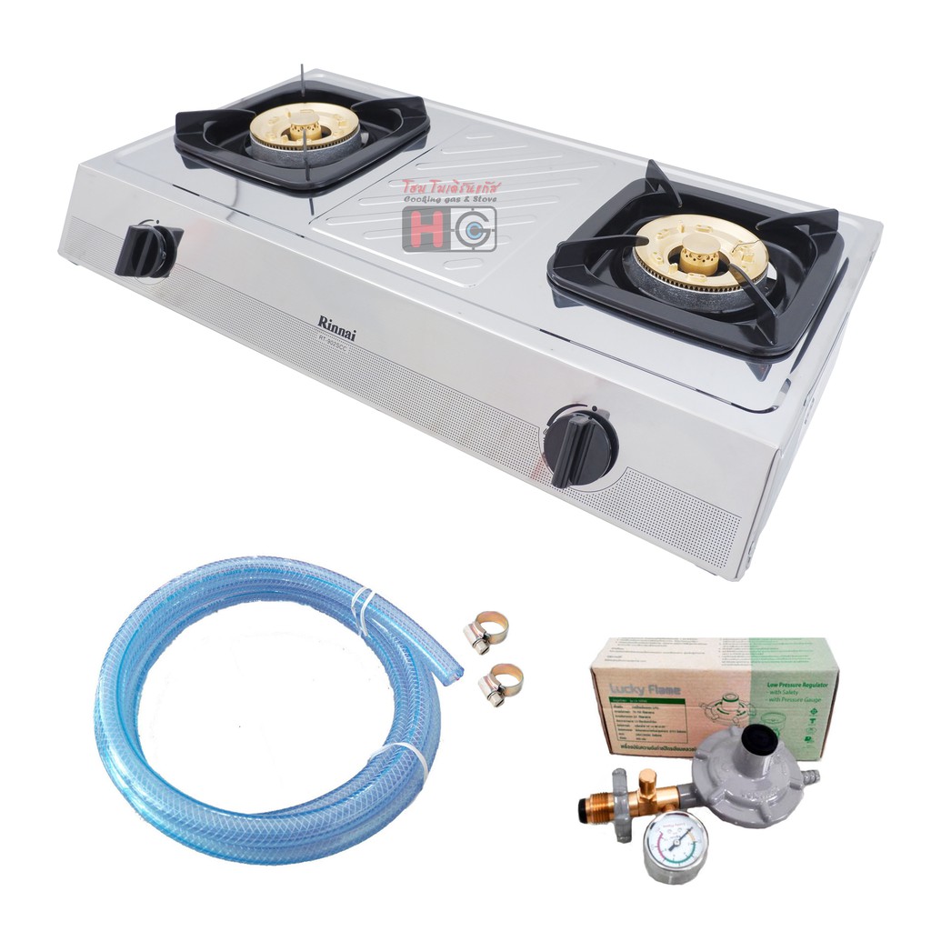 เตาแก๊สตั้งโต๊ะ หัวทองเหลืองคู่ Rinnai RT-902SCC + ชุดหัวปรับ LS-325SG