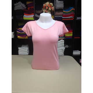 Chotyshop พร้อมส่ง เสื้อยืดคอวี สีโอรสอ่อน size "M"