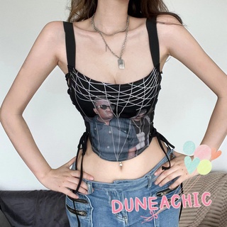 Dunea ผู้หญิง แฟชั่น พิมพ์ลาย สายรัด ผูกเชือก ซิลิม เสื้อครอป ยกทรง