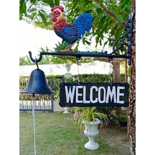 กระดิ่งวินเทจแม่ไก่ติดผนังพร้อมป้ายwelcome