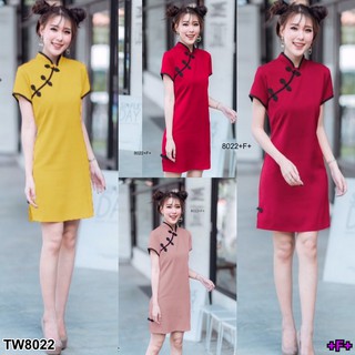 TwinsShopVip💗พร้อมส่ง TW8022 Dress ชุดเดรสคอจีนแขนสั้น ติดกระดุมจีนเฉียงไหล่