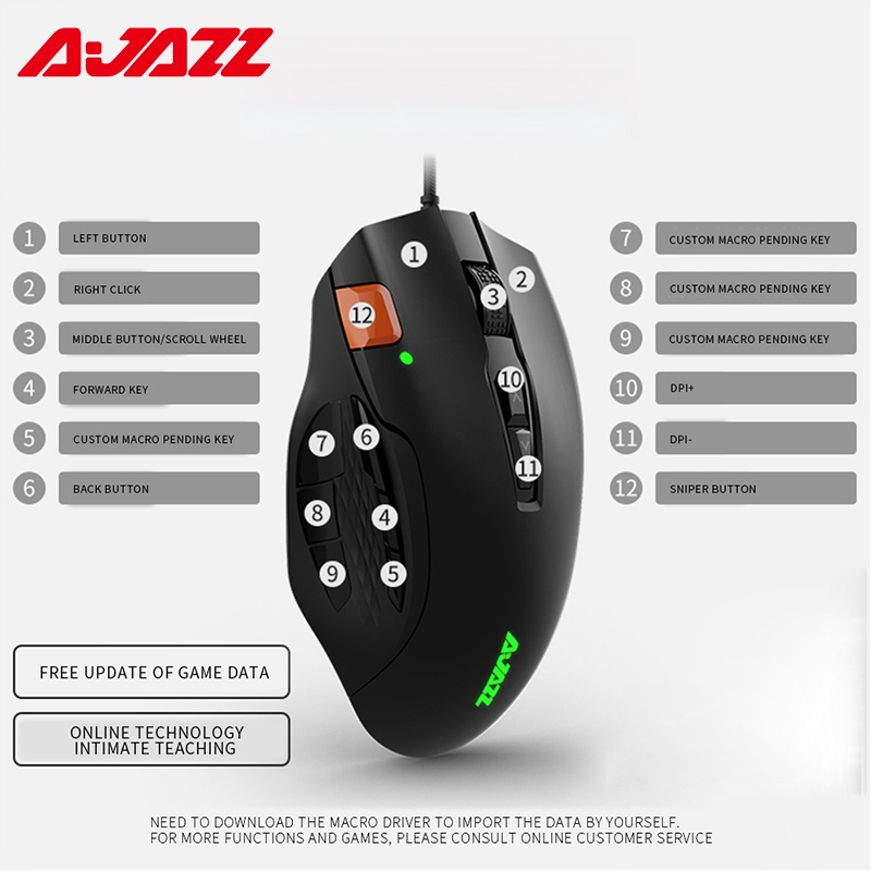 Ajazz AJ337 Gaming Mouse Optical 12 Programmable 12 Buttons Ergonomic ...