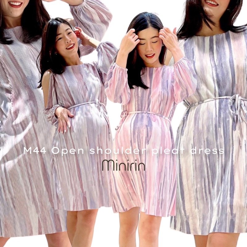 Minirin ชุดคลุมท้องให้นมได้ (ใส่ซับในอย่างดี) M44 Open shoulder pleat dress ท้องใหญ่ สะโพกใหญ่ ใส่ได้ ใส่สบาย