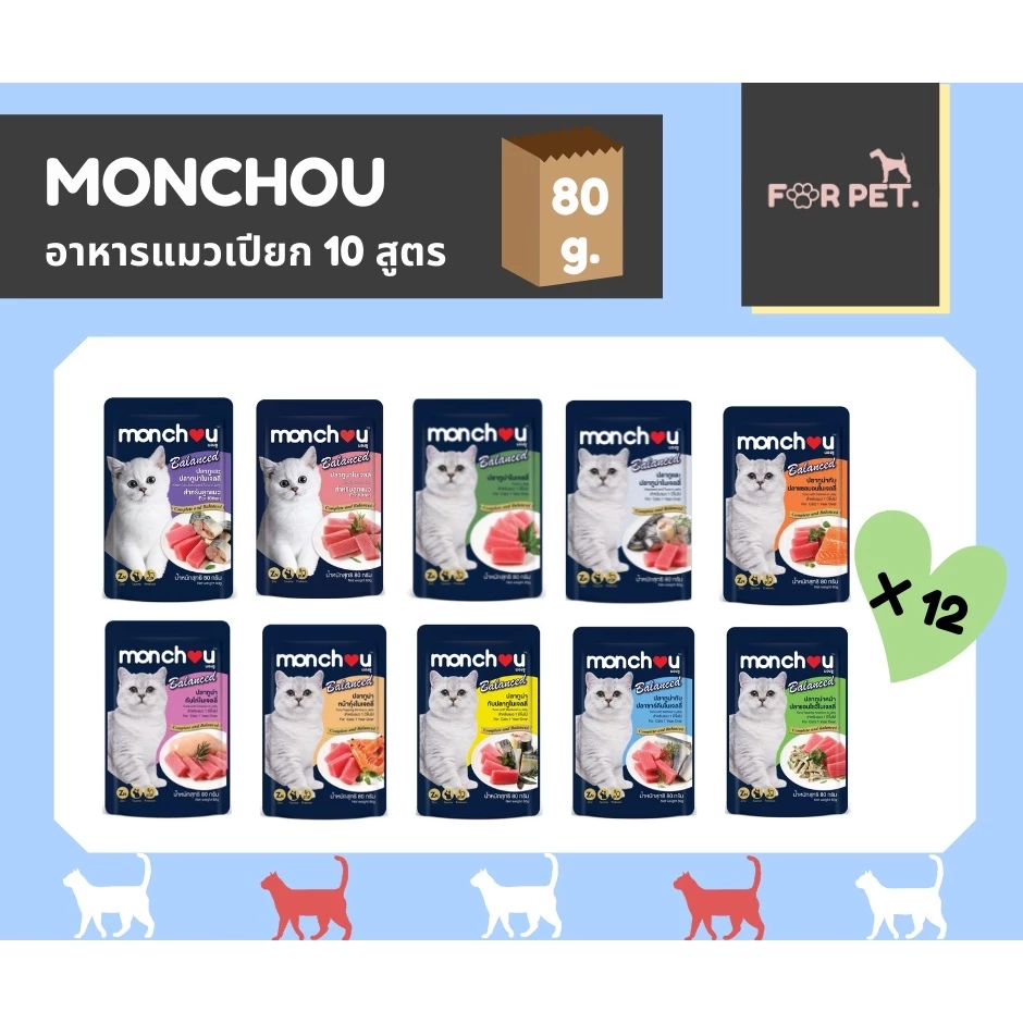 monchou มองชู อาหารแมวชนิดเปียก สูตร Balanced 80 กรัม [1 กล่อง (12 ซอง)]