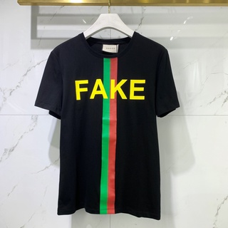 Gucc1 เสื้อยืดคอกลม แขนสั้น พิมพ์ลายตัวอักษร FAKE ลายทาง แฟชั่นฤดูใบไม้ผลิ และฤดูร้อน สําหรับผู้ชาย 2021