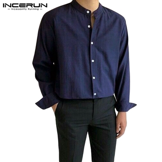 Incerun เสื้อเชิ้ตสําหรับผู้ชายผ้าฝ้ายแขนยาวคอวีสีพื้น