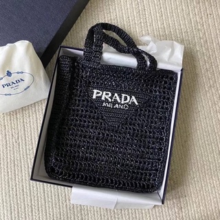 P R A D A RAFFIA FABRIC SHOPPING TOTE