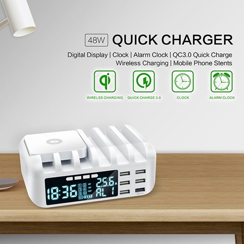 48W Multi Phone USB Wireless Charger With Clock for IPhone 11 12 Pro