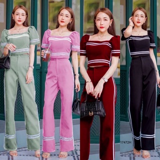 SS17472 set 2 ชิ้น เสื้อครอป แแขนพองแต่งกุ้น + กางเกงขายาว แต่งกุ้น Cropped top with puff sleeves + ruffled trousers