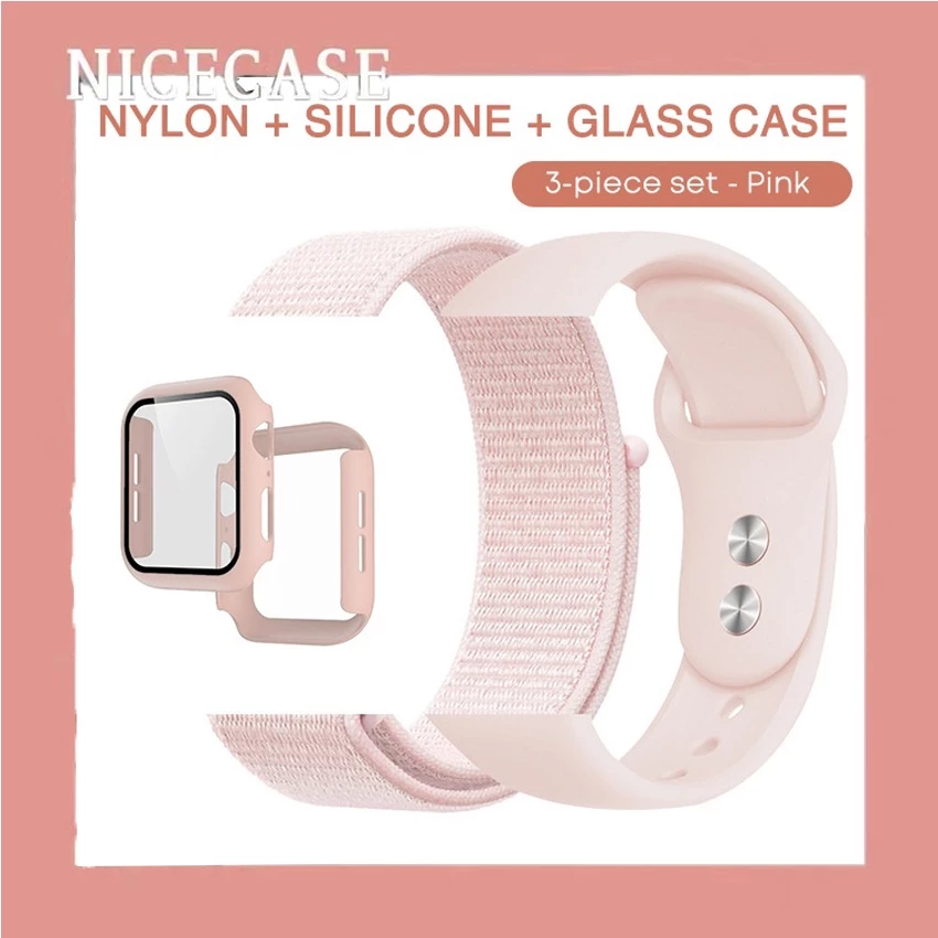 เคสกระจก 3 แพ็ค และสายนาฬิกาข้อมือไนล่อน ซิลิโคน สําหรับ Smart Watch Band 49/45/41/38/42 มม. 44 มม. 40 มม. Iwatch Series ultra 11 10 9 8 7 6 SE 5 4 3 2 1