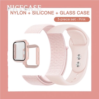 เคสกระจก 3 แพ็ค และสายนาฬิกาข้อมือไนล่อน ซิลิโคน สําหรับ Smart Watch Band 49 มม. 45 มม. 41 มม. 38 มม. 42 มม. 44 มม. 40 มม. Iwatch Series ultra 8 7 6 SE 5 4 3 2 1