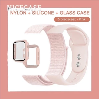 เคสกระจก 3 แพ็ค และสายนาฬิกาข้อมือไนล่อน ซิลิโคน สําหรับ Smart Watch Band 49/45/41/38/42 มม. 44 มม. 40 มม. Iwatch Series ultra 11 10 9 8 7 6 SE 5 4 3 2 1