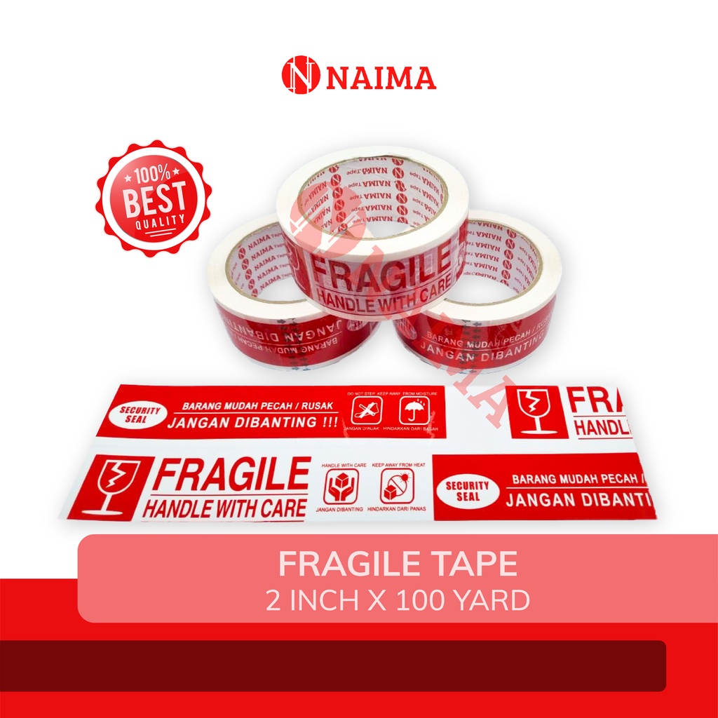 MERAH FRAGILE DUCT TAPE 45 mm x 100 หลา 2 in 1 / FRAGILE DUCT TAPE 2 INCH RED WHITE