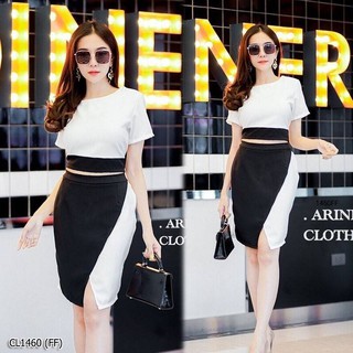 CL1460 Set 2 ชิ้น เสื้อครอป คอกลมแขนสั้น มีซิปซ่อนด้านหลัง
