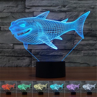 โคมไฟตั้งโต๊ะ LED รูปฉลาม 3D ไล่โทนสี 7 สี USB