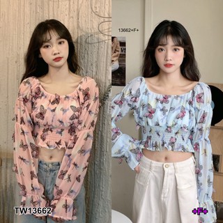 TwinsShopVip💗พร้อมส่ง TW13662 เสื้อครอปแขนยาวปักผีเสื้อ 3D