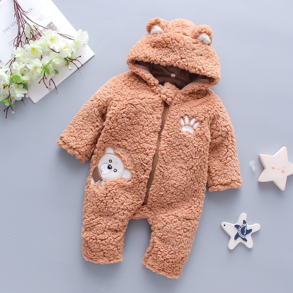 children's wear new lamb hair CartoonBaby children's one-piece winter  Bear embroidered thickened hooded creeper