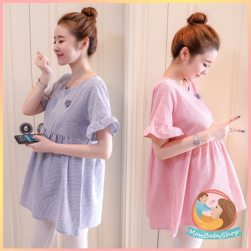 ชุดคลุมท้อง แขนสั้นระบายคอกลม ชุดคลุมท้องสำหรับสตรีมีครรภ์ สีฟ้าและสีชมพู เสื้อคลุมท้องใส่สบาย ใส่ทำงาน ใส่อยู่บ้าน ราคา ถูกที่สุด ดีลบีเคเค