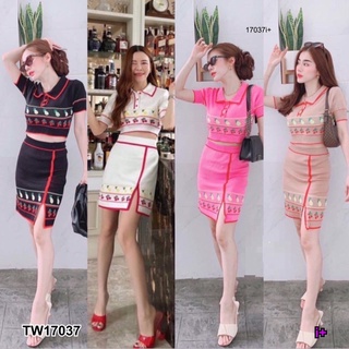 TwinsShopVip💗พร้อมส่ง TW17037 set 2 ชิ้น เสื้อครอปไหมพรมลายเชอร์รี่ + กระโปรงไหมพรมลายเชอร์รี่ set of 2 pieces