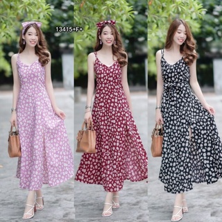 Maxi dress สายเดียวลายดอกเดซี่ ดีเทลแต่งสายไขว้ด้านหลัง ผ่าด้านหน้า