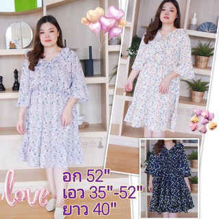 เดรสสั้น ลายดอก คอวี แต่งระบาย เดรสสาวอวบ Big Size Dress Size 52" ‼️ ไซส์ใหญ่มาก ‼️