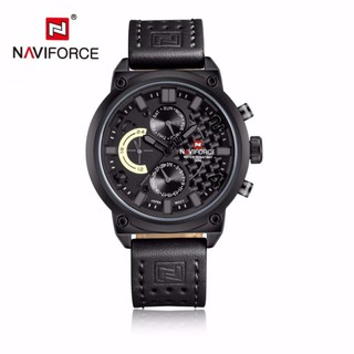 naviforce watch แท้ นาฬิกาข้อมือ สายหนังสีดำ รุ่น NF9068-BGY หน้าปัดใช้งานได้จริงทุกเข็ม