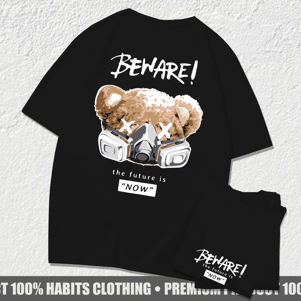 Newsfashion - เสื้อยืด พิมพ์ลาย Distro BEAR BEWARE สีดํา สําหรับผู้ชาย HC039